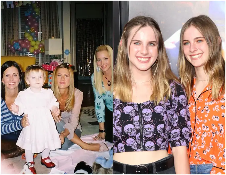 Courteney Cox, Jennifer Aniston, and Lisa Kudrow with baby Emma on the right pic, and Alexandra and Athina Conley on the left pic