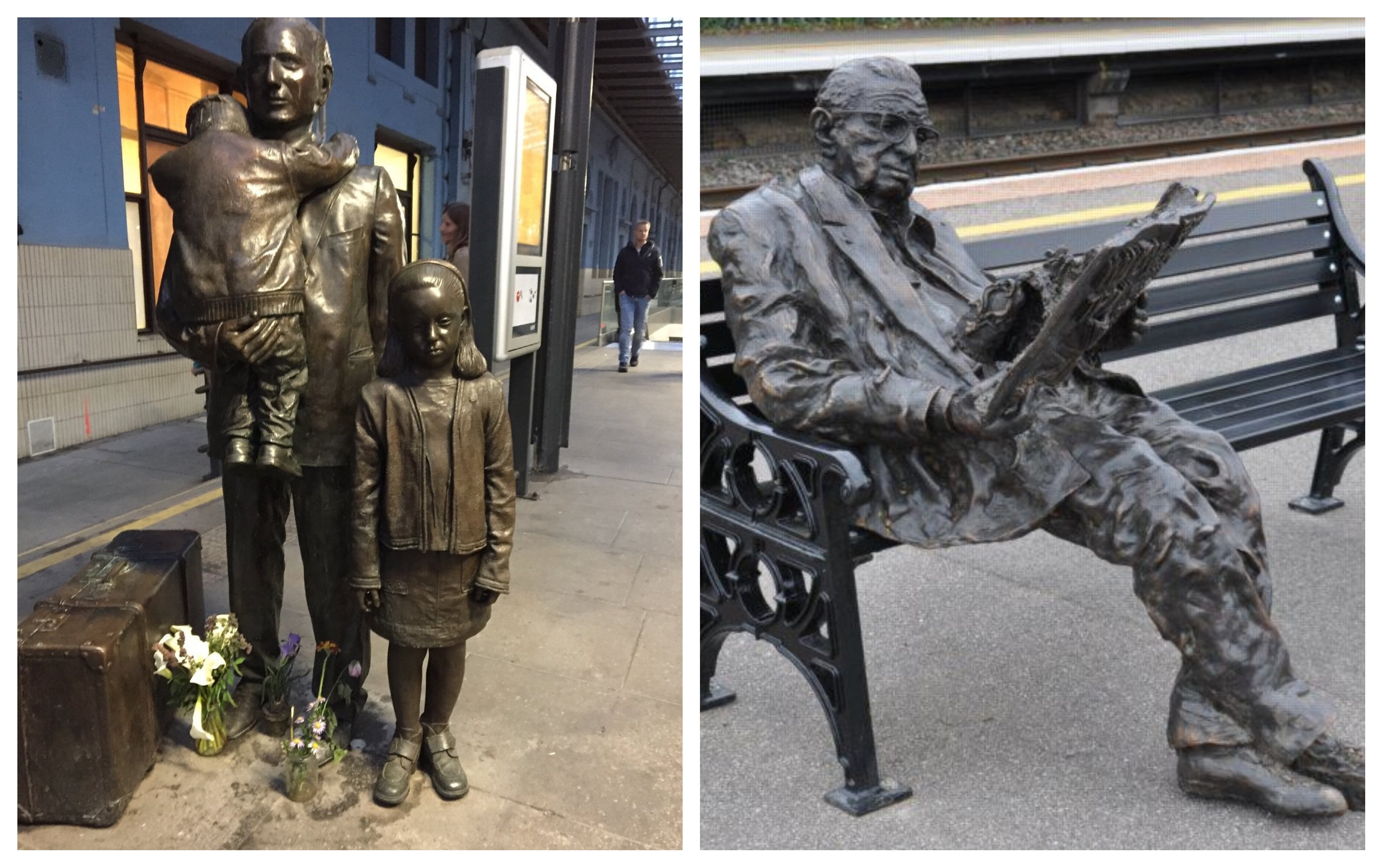 A statue of Nicholas Winton and two kids on the railway station; A statue of Nicholas Winton sitting on a black bench
