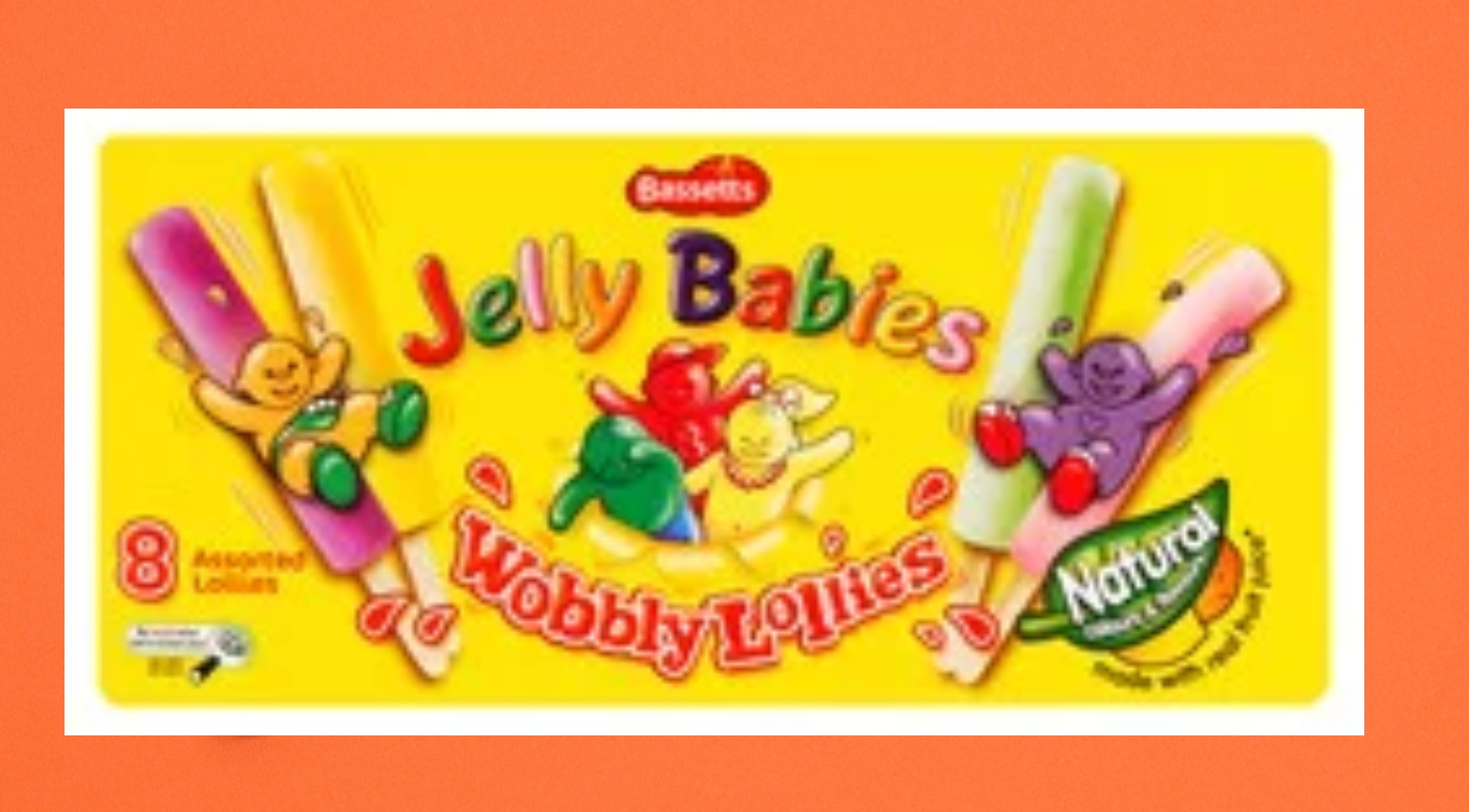 Jelly Baby Wobbly Lollies on an orange background