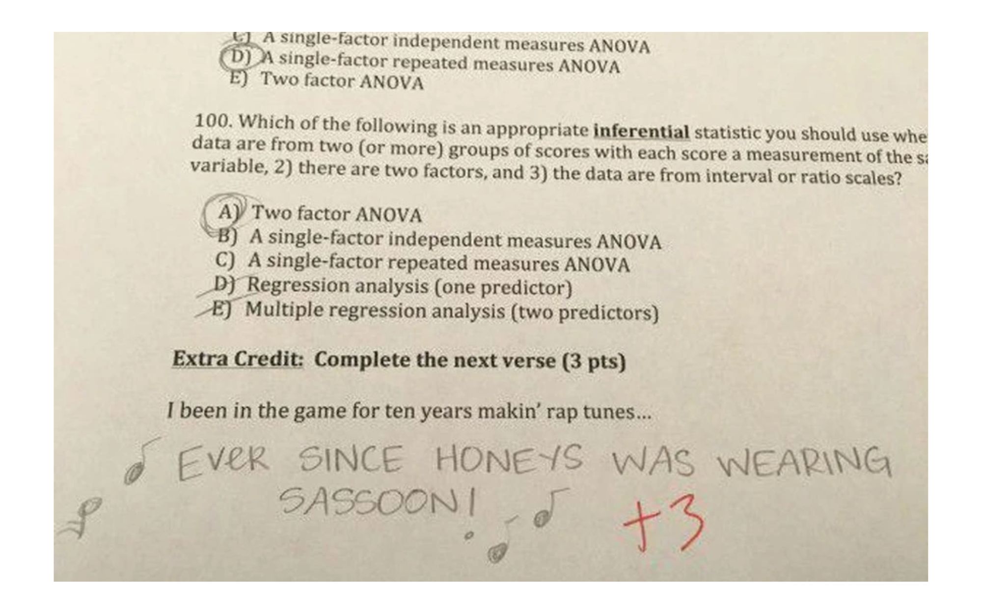 A picture of a test paper with students' answers and teachers' comments noted "plus 3"