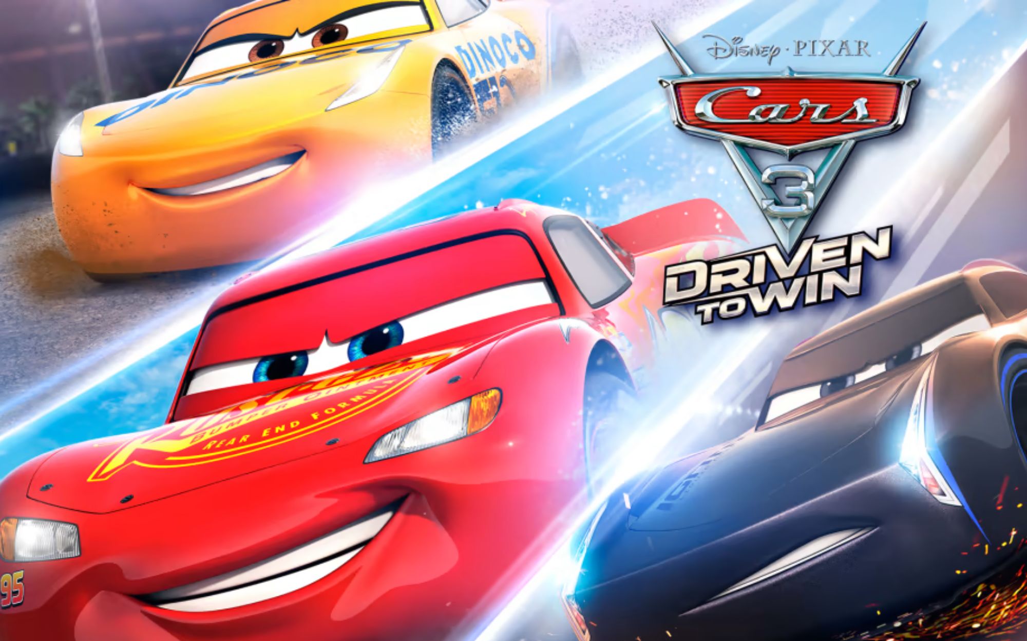 The Cars 3: Driven to Win game is based on the film "Cars," which stars Lightning McQueen (in the centre), Cruz Ramirez (upper), and Jackson Storm (in the right corner)