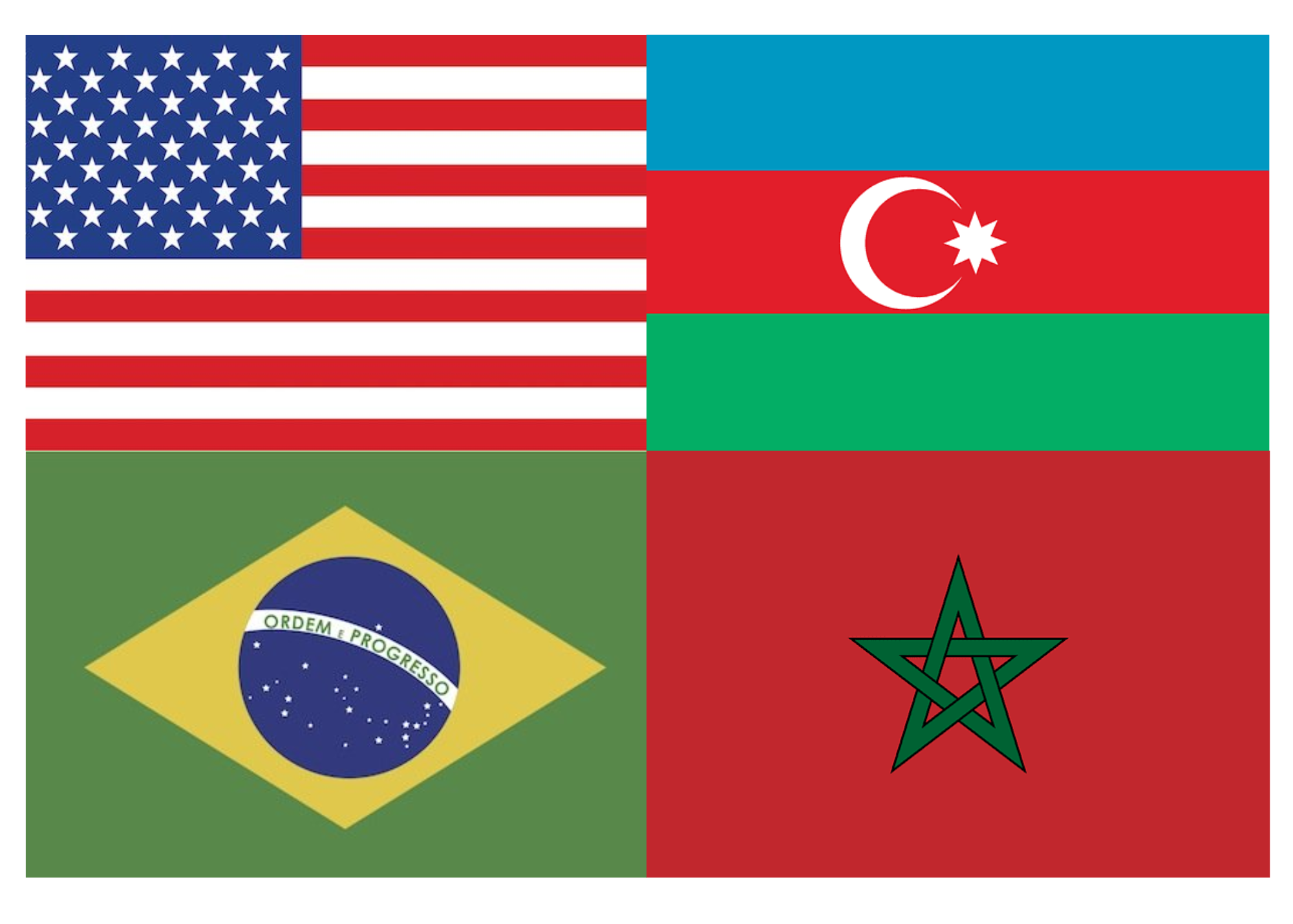 The four displayed state flags are United States, Azerbaijan, Brazil and Morocco