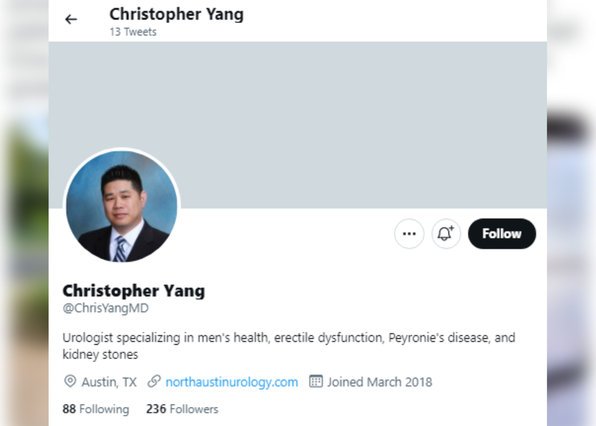 Screenshot of Dr. Christopher Yang Twitter accound with his profile picture and bio