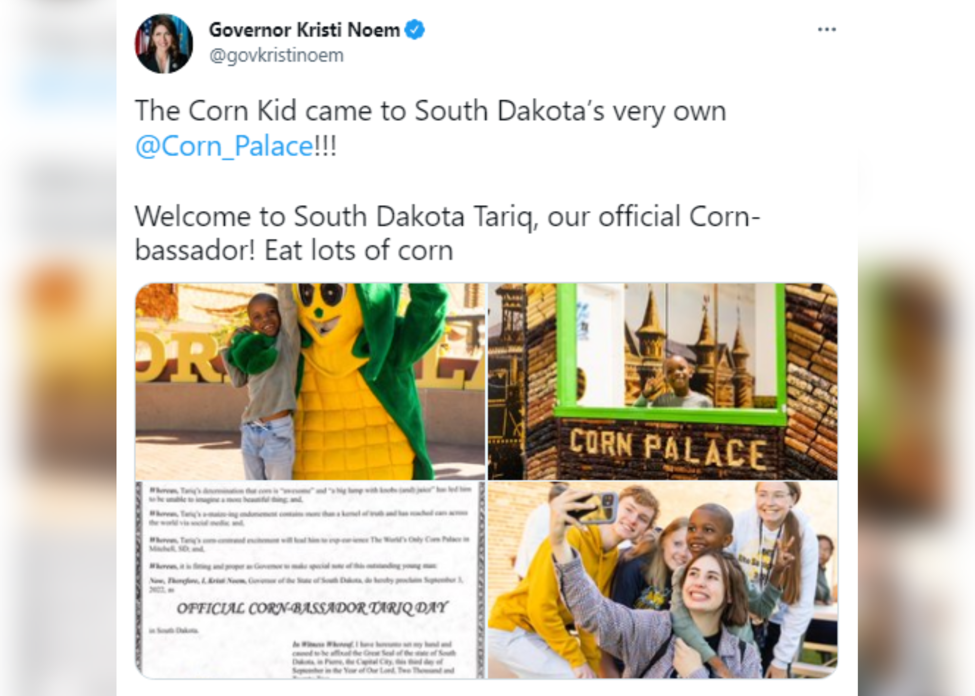 Screenshot of Governor Kristi Noem's twitter post showing Tariq, corn kid