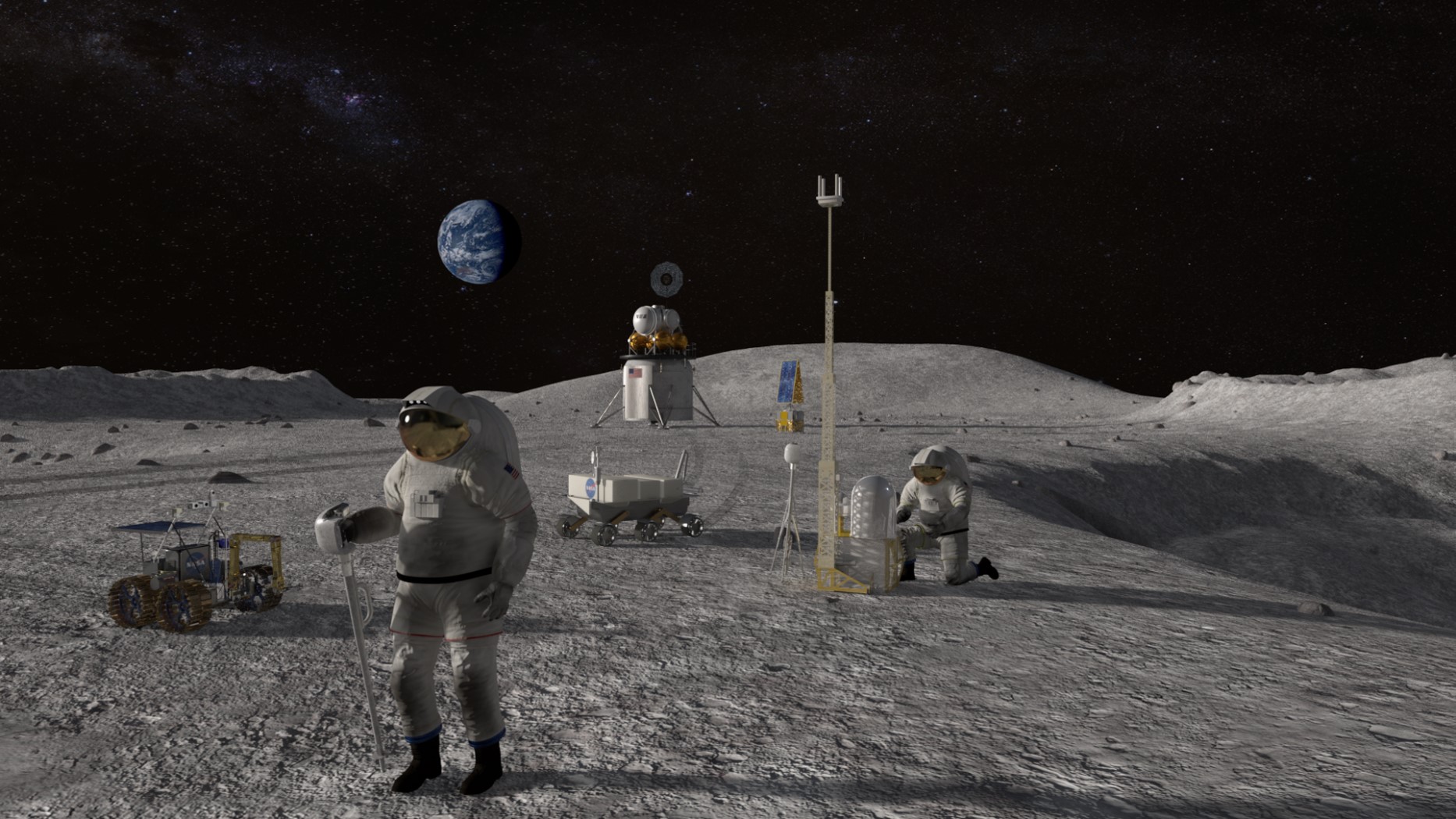 Astronauts on the surface of the moon with the background of Earth