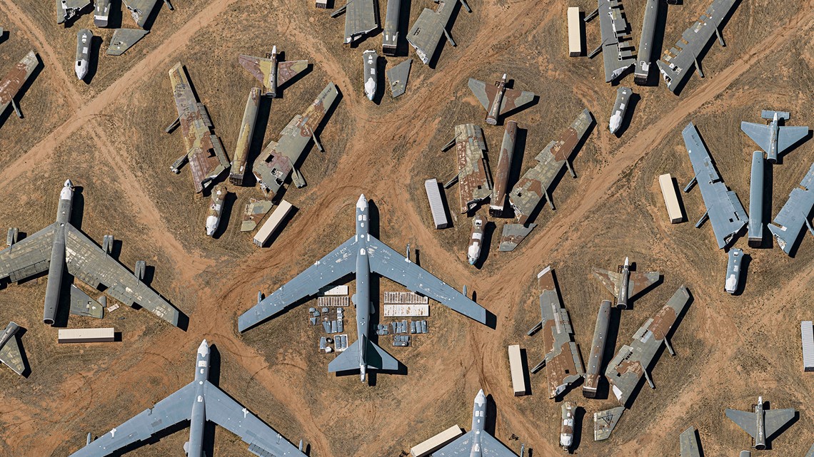 Spare parts of planes placed on ground