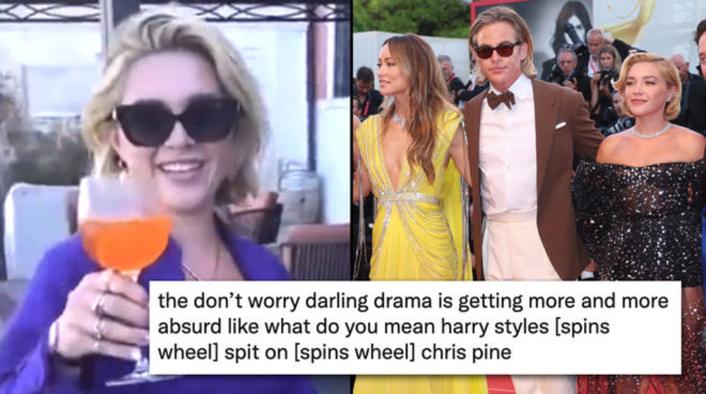Florence Pugh holding an orange drink; Chris, Olivia, and Florence at the "Dont Worry Darling" premiere