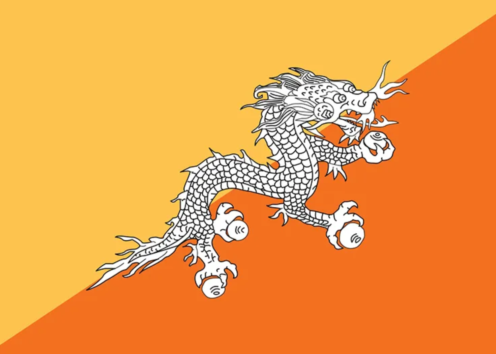 The state flag of Bhutan has a white dragon in the middle of a yellow-orange stripe over an orange-red stripe