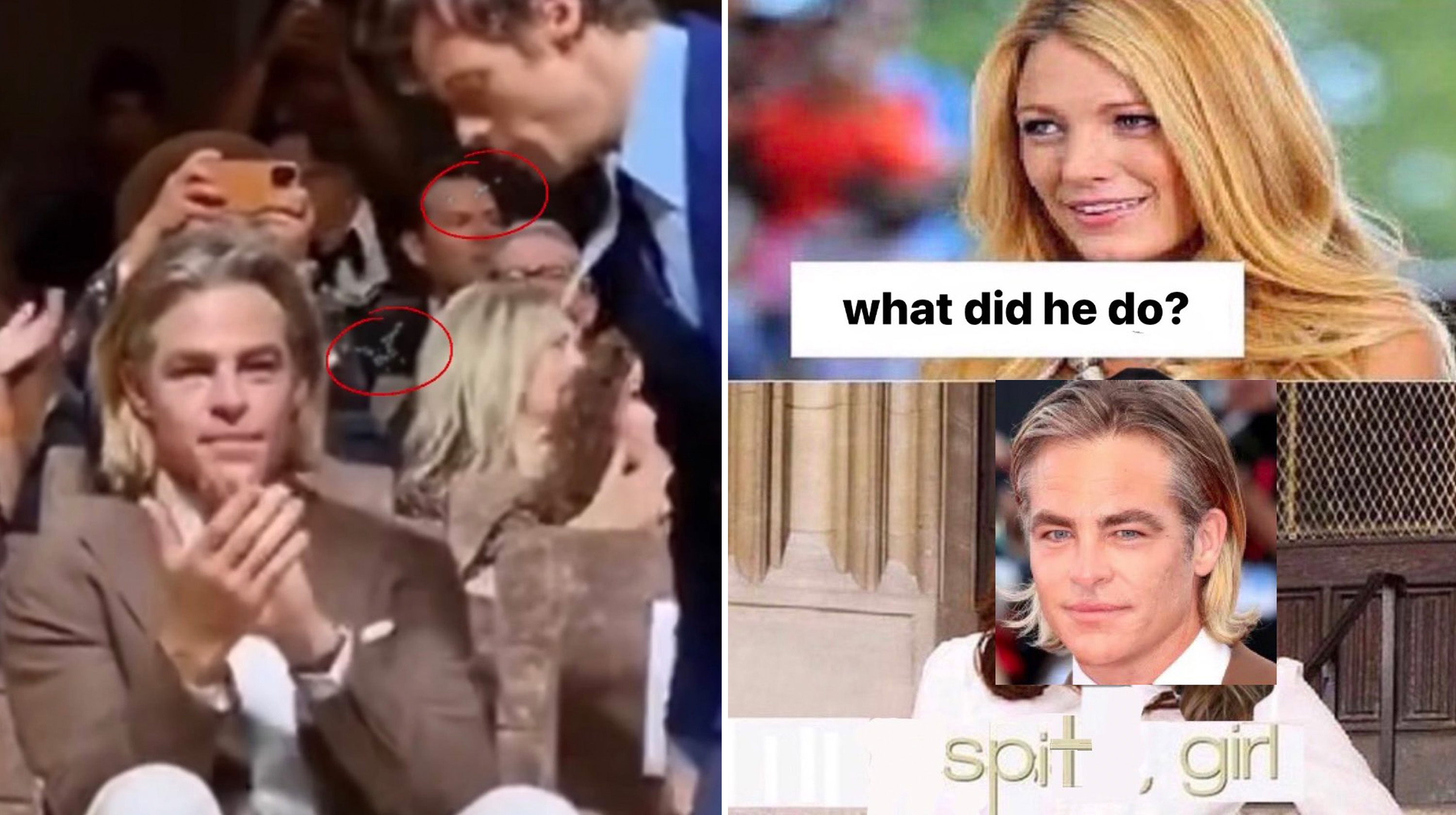 Chris Spine sitting and Harry Styles spitting beside him; Chris and Olivia meme