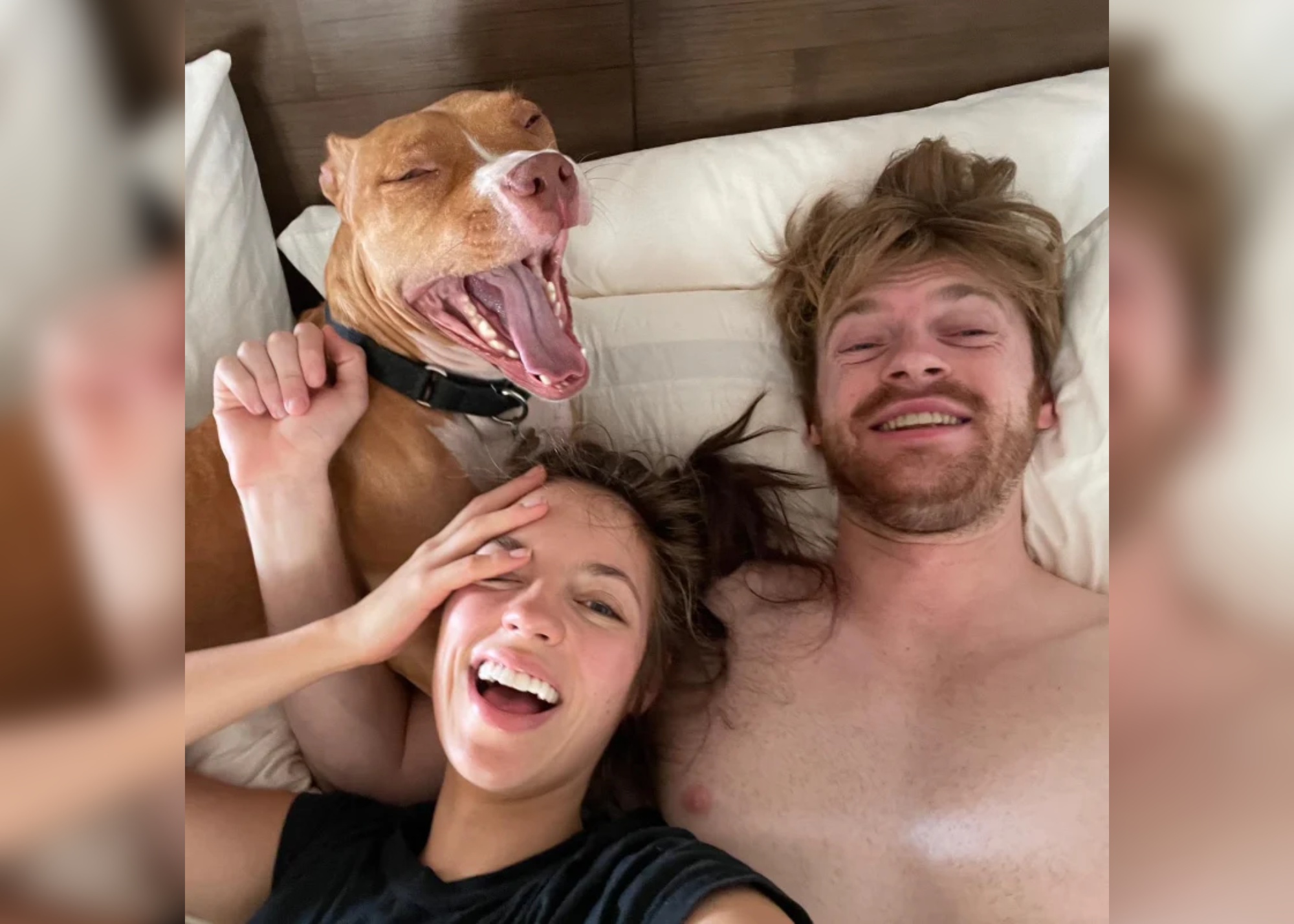 Under the bed is Finneas and her girlfriend, Claudia Sulewski with his Dog named "Peachpit"