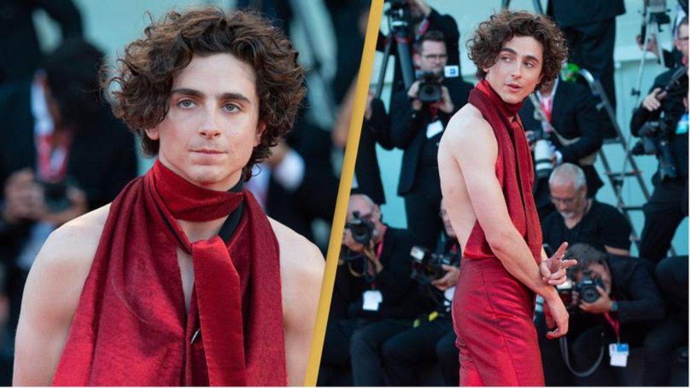 Timothée Chalamet a red sleeveless and backless dress