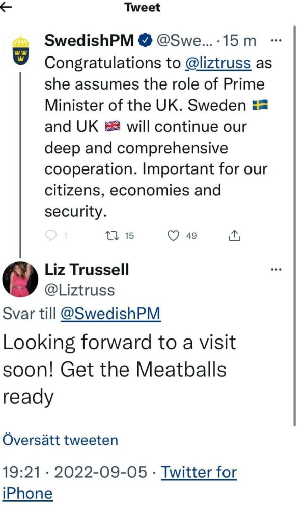 A screenshot of a tweet of Sweden's PM congratulating the wrong Liz Truss