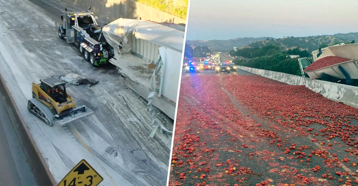 Machines cleaning road; Tomatoes all over the road