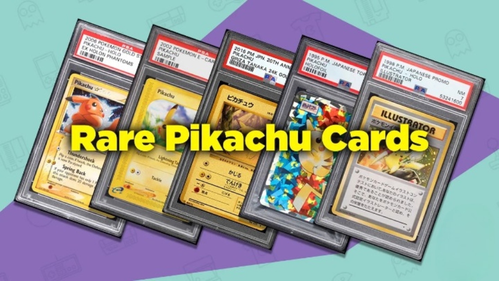 Rare Pikachu cards on a blue and light blue background