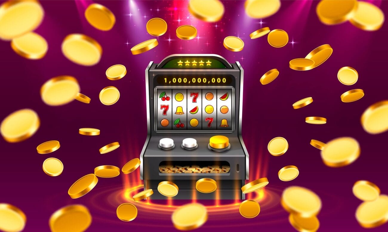 Digital illustration of a slot machine and coins on a purple background