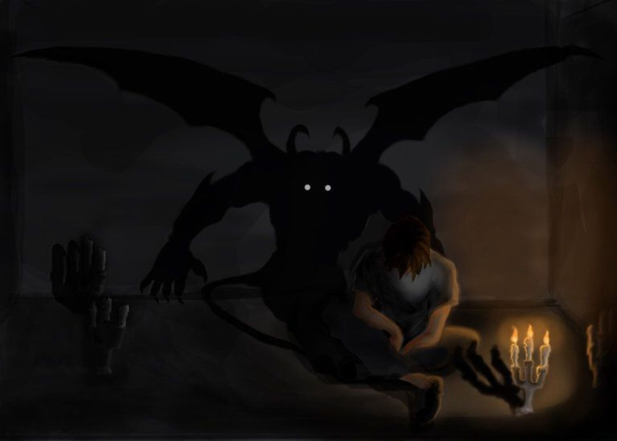 An illustration of a man sitting in front of a candle, his shadows forming a demon with wings and horns