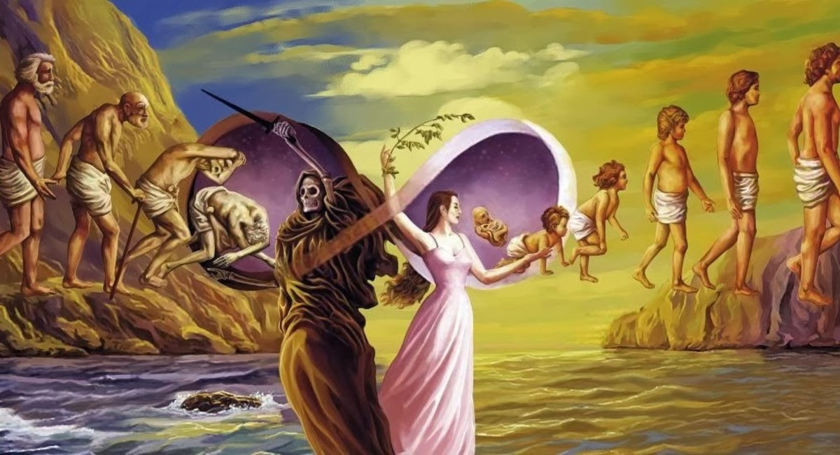 A painting showing how reincarnation is done