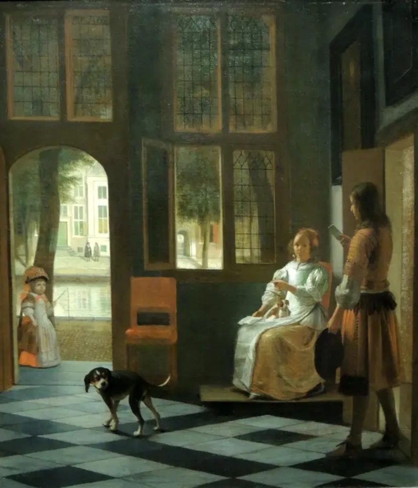 An old painting depicting a person delivering a letter that looks like iphone