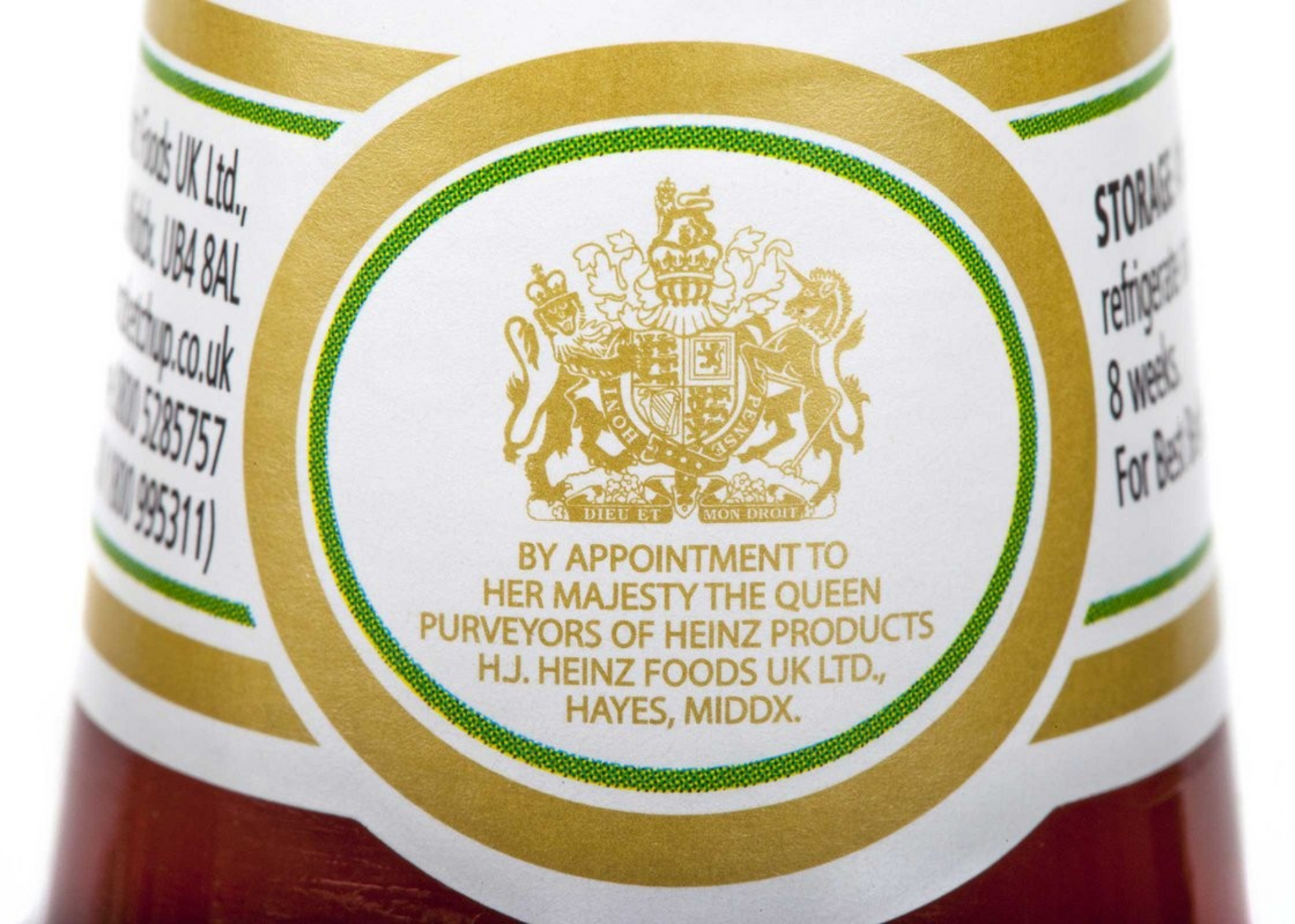 Heinz Ketchup showing a royal warrant seal on top of the bottle