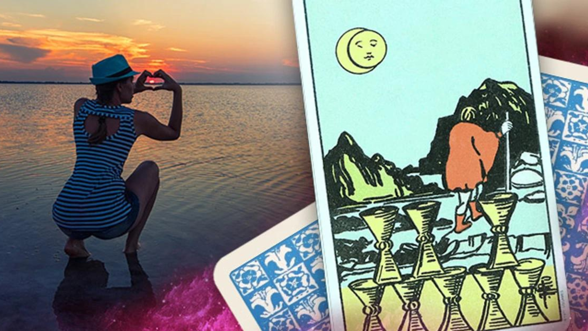 A woman doing a heart shaped hand gesture at the sea with Eight Of Cups Tarot Card on the right