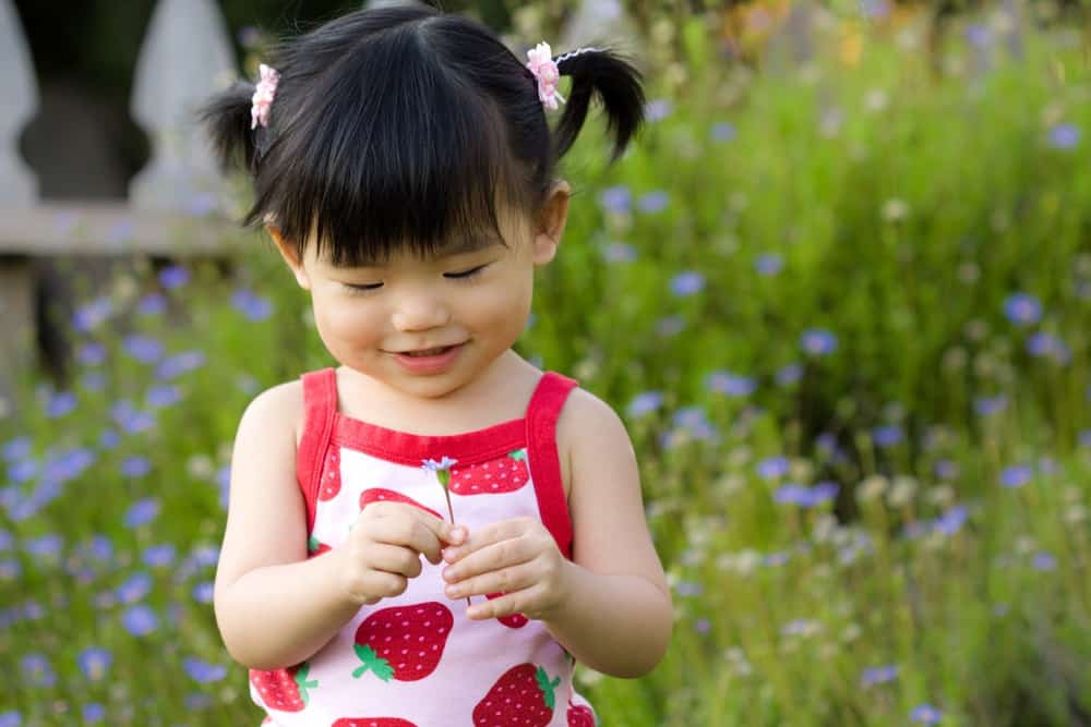 A Chinese baby girl playing with a flower in the garden