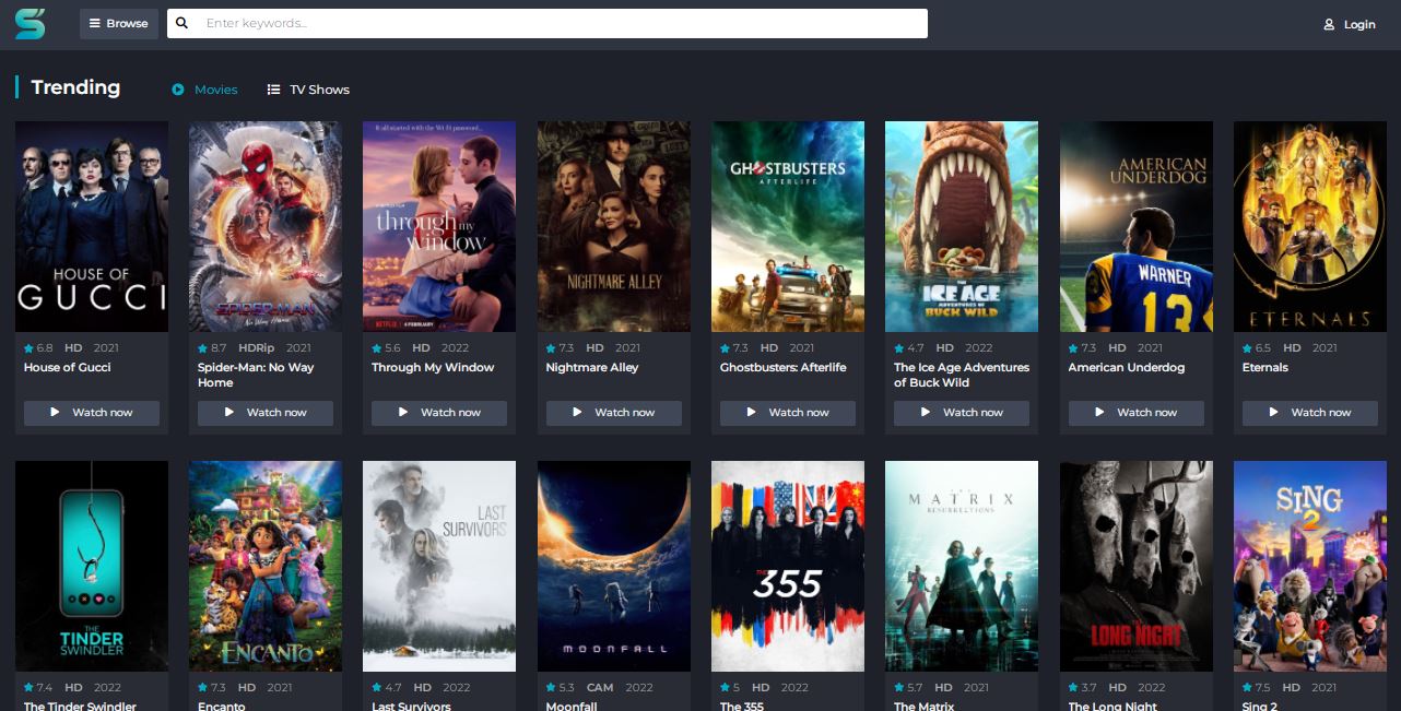 Screenshot of SFlix website showing different movies under Trending category