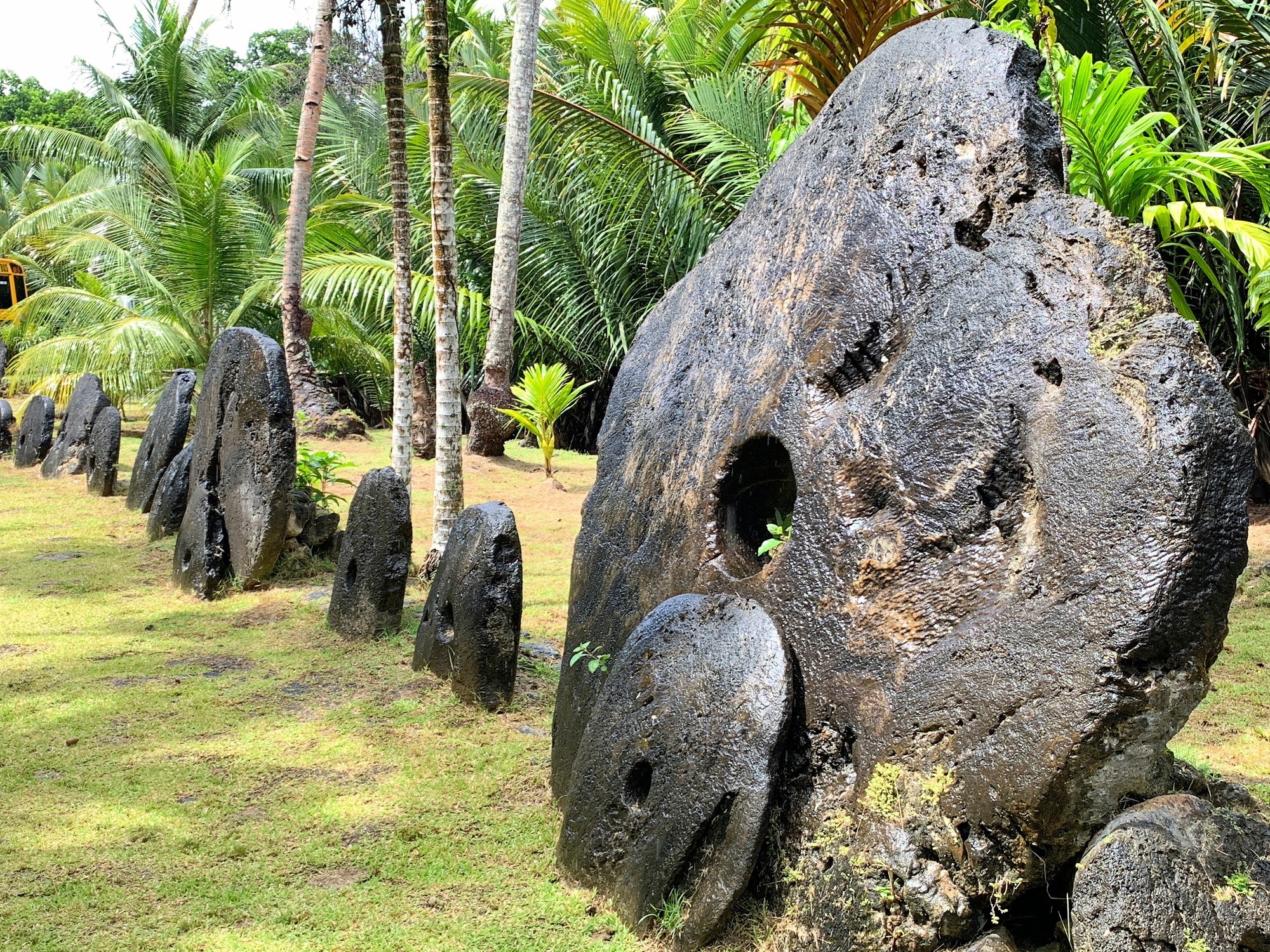 A group of rai stones aligned in the ground of Yap island