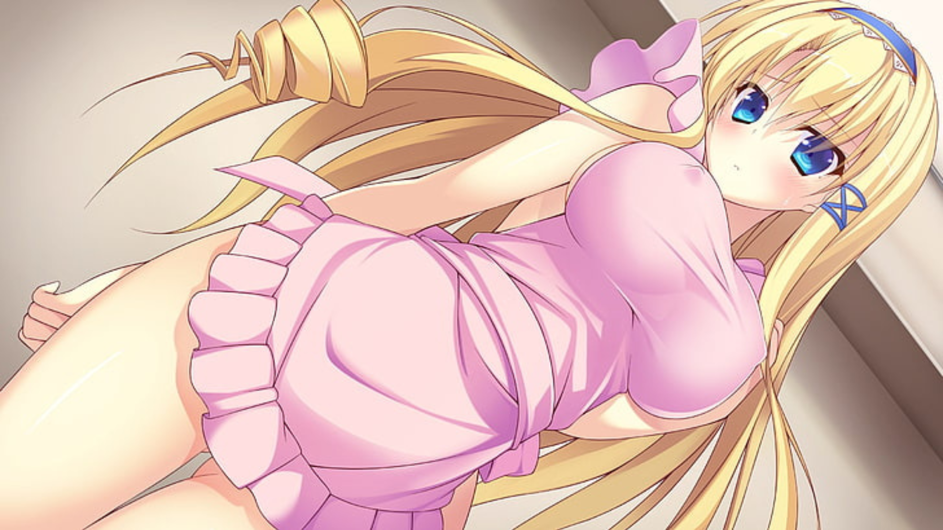 A cute anime girl with a long yellow hair and wearing pink dress 