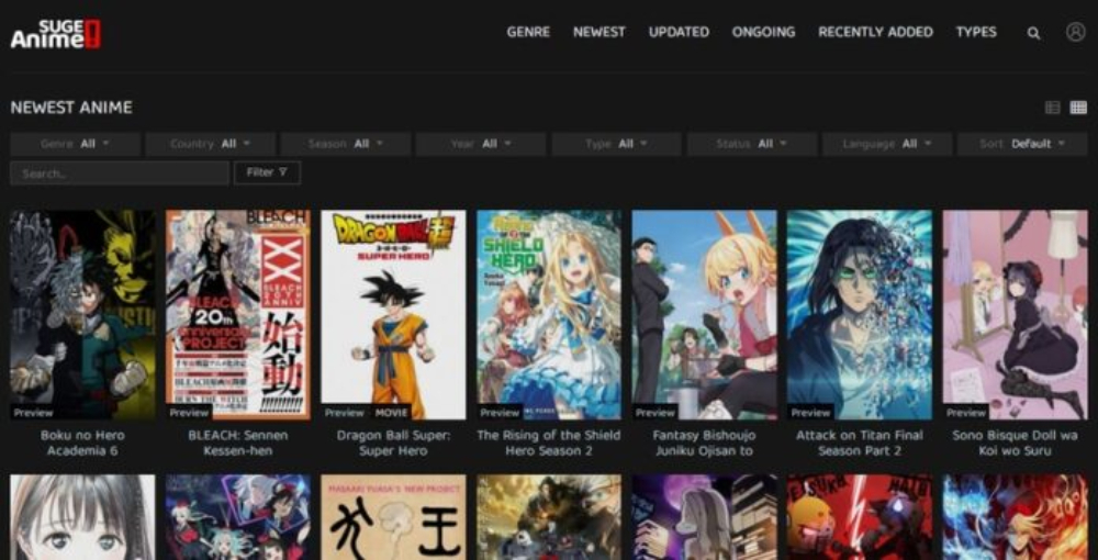 "AnimeSuge Newest Anime" page screenshot