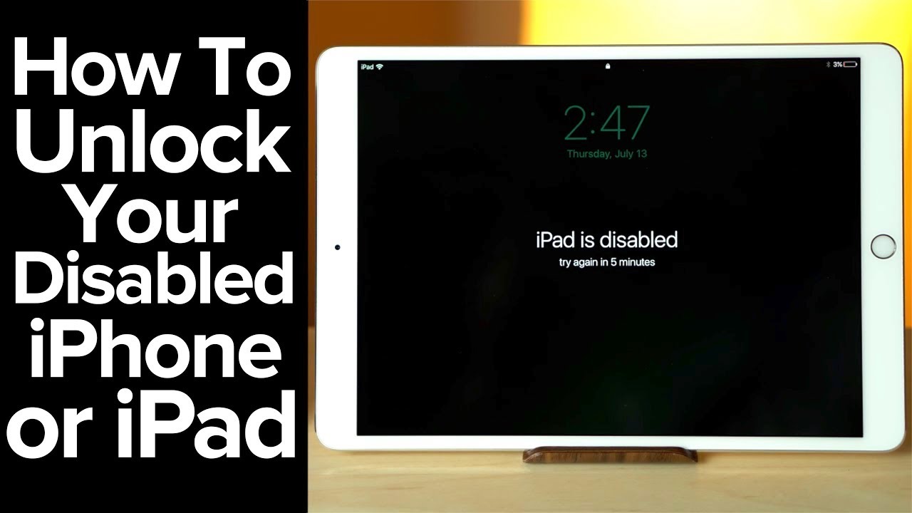 "How To Unlock Your Disabled iPhone or iPad" text on a black background; Ipad is disabled shown on iPad screen