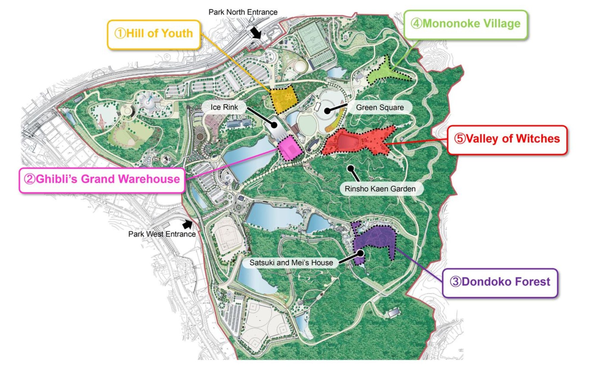 A photo of the Studio Ghibli theme park map, with color coding indicating the five areas