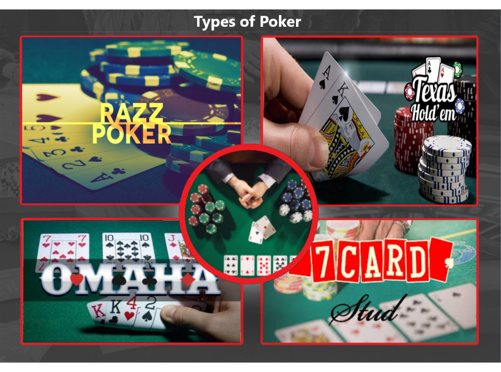 Razz, Texas hold 'em, Omaha, and 7 card stud poker types on cards background