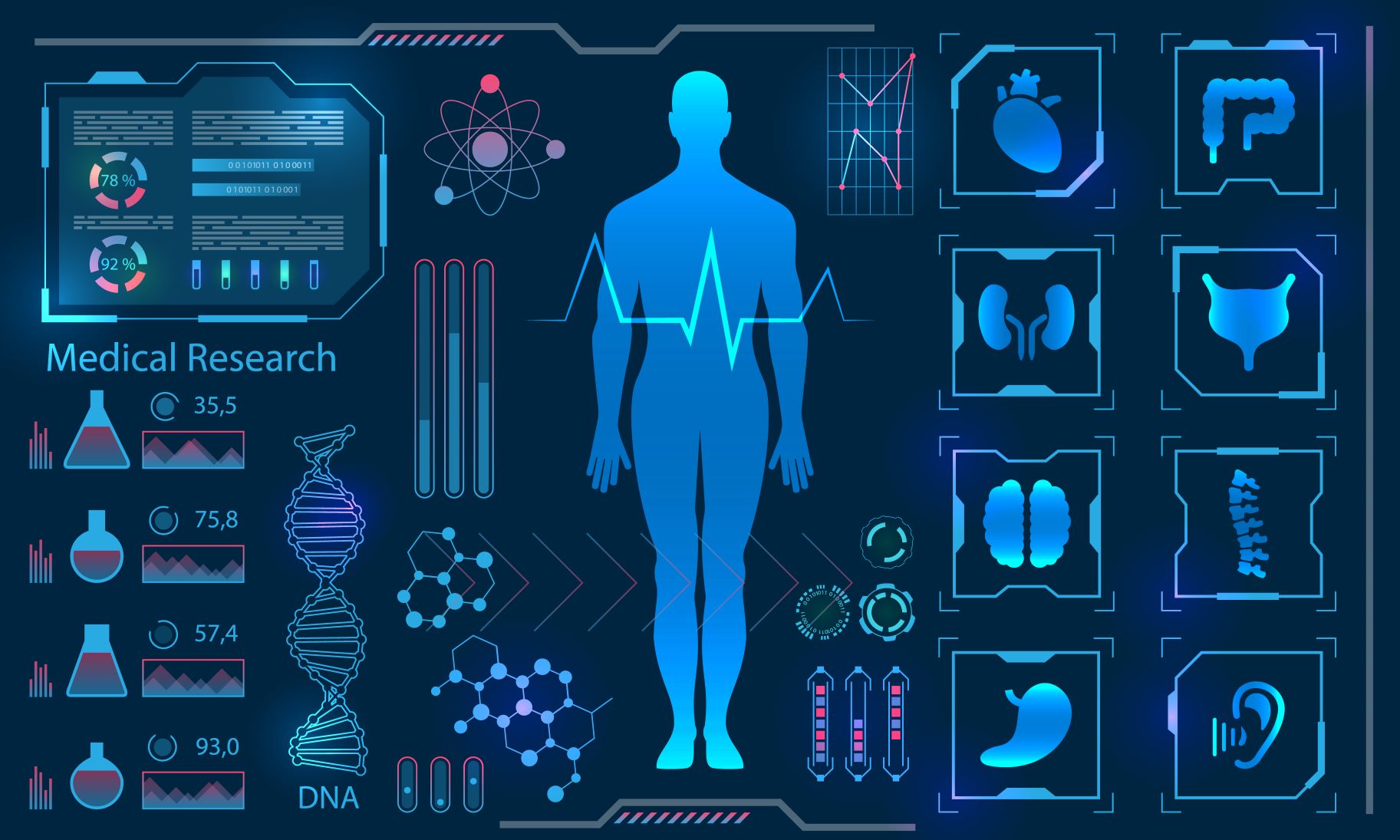 A digital sci-fi themed blue wallpaper of a human's body, organs, DNA, and some chemical glass beakers