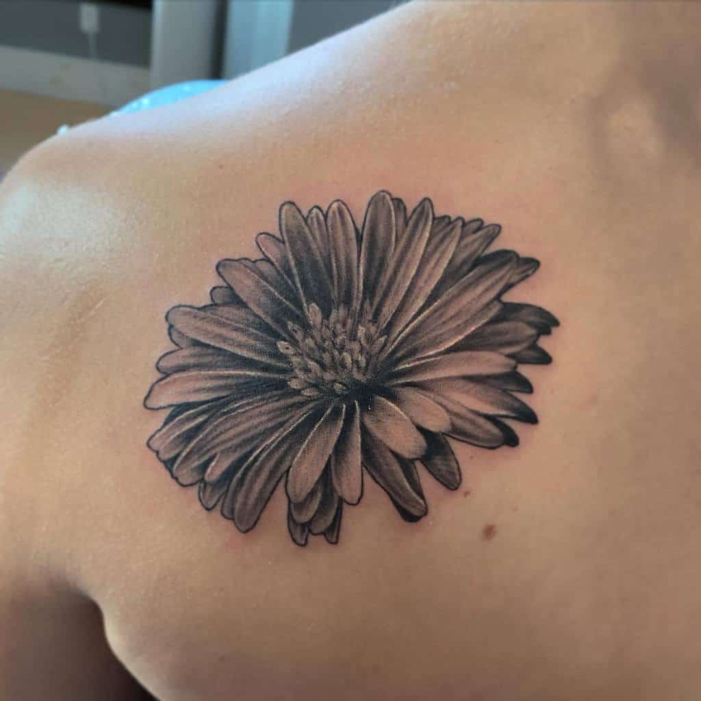 Black and grey aster flower tattoo on the back of a man