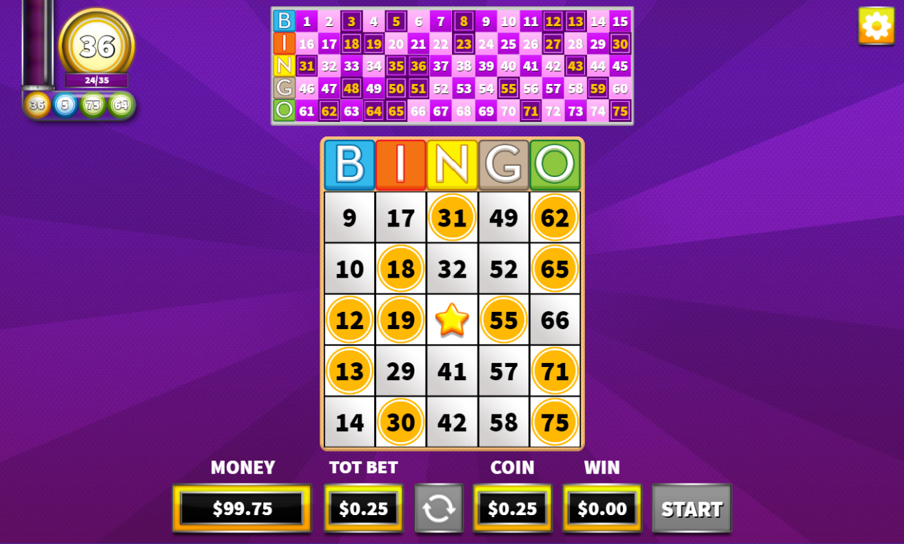 Screenshot of a online bingo game on a purple background