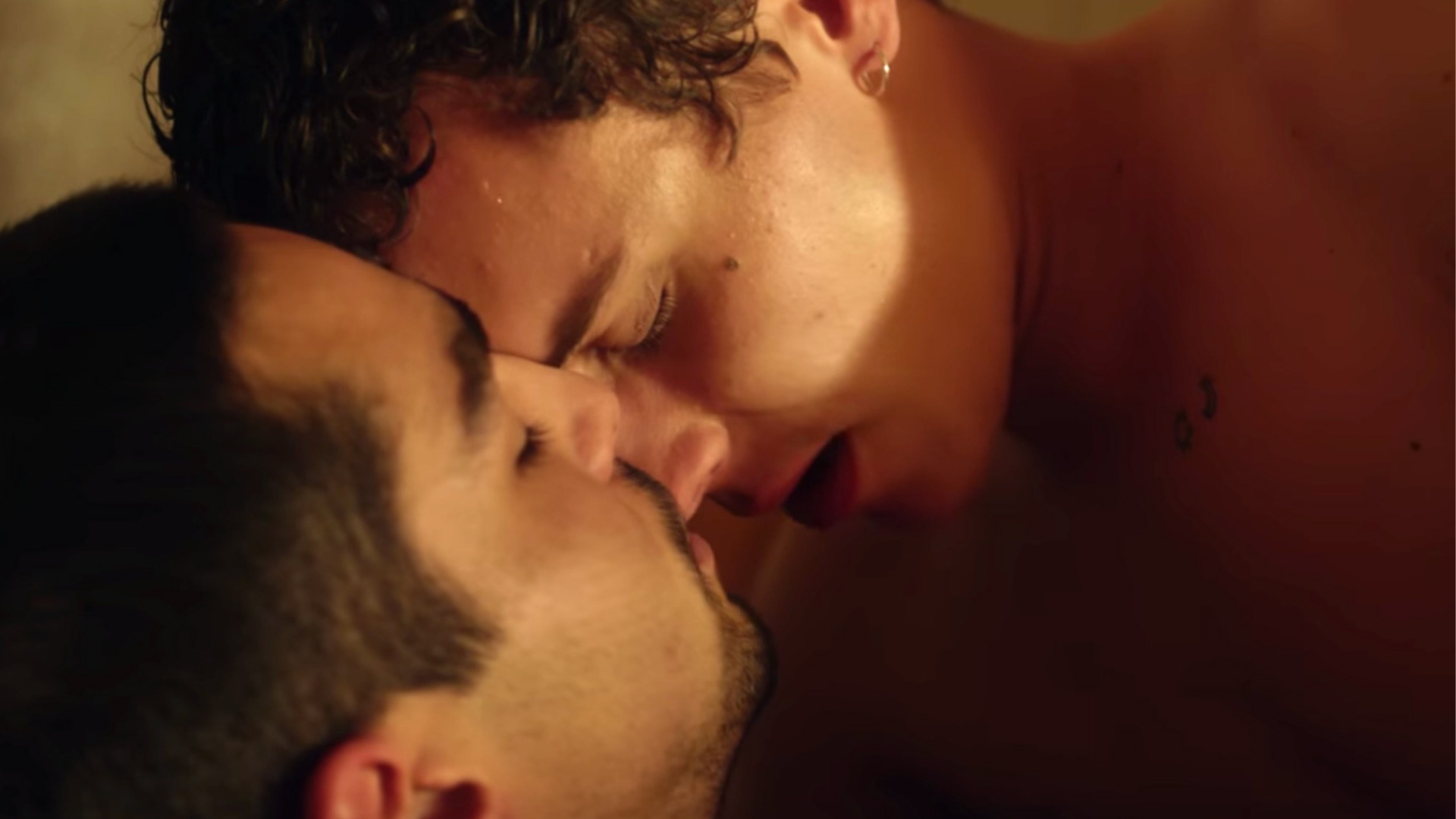 Two men about to get intimate and kiss each other