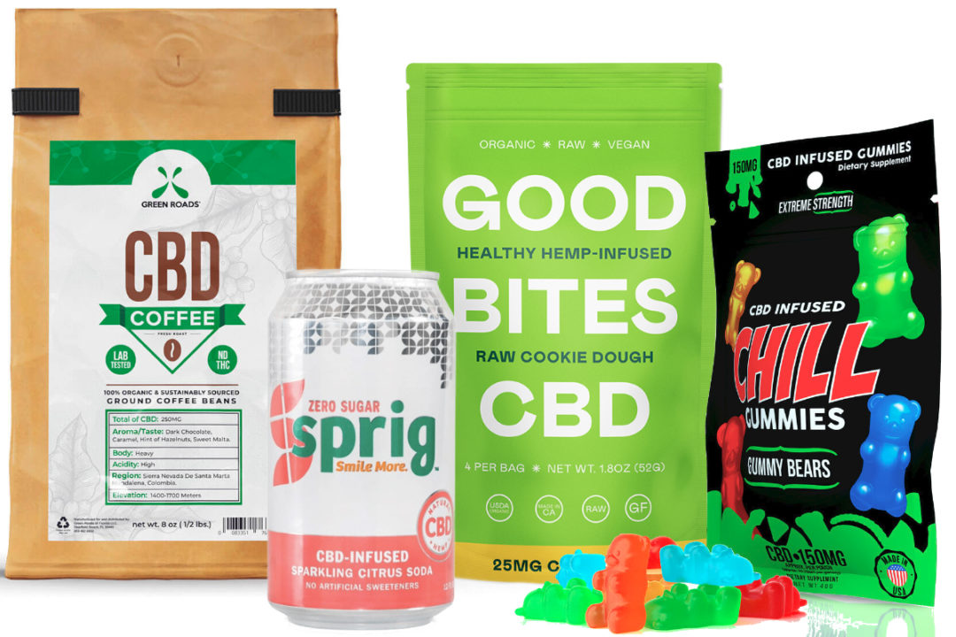 CBD coffee pouch, CBD raw cookie dough pouch, CBD-infused canned drink, and CBD gummies