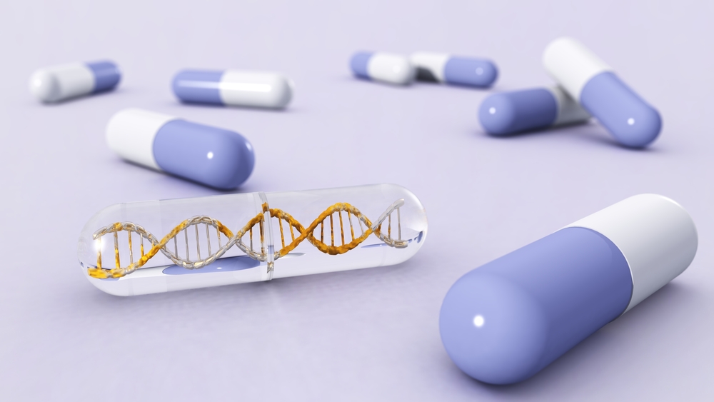 Purple and white medicine capsules and a DNA incorporated in a tranparent capsule