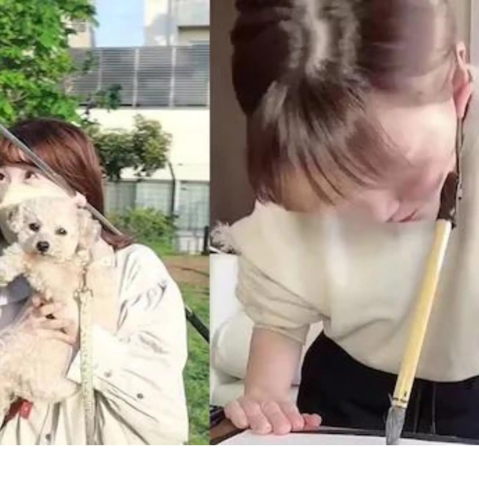 Ayumi Takada holding a dog; Ayumi Takada holding a pen in her ears