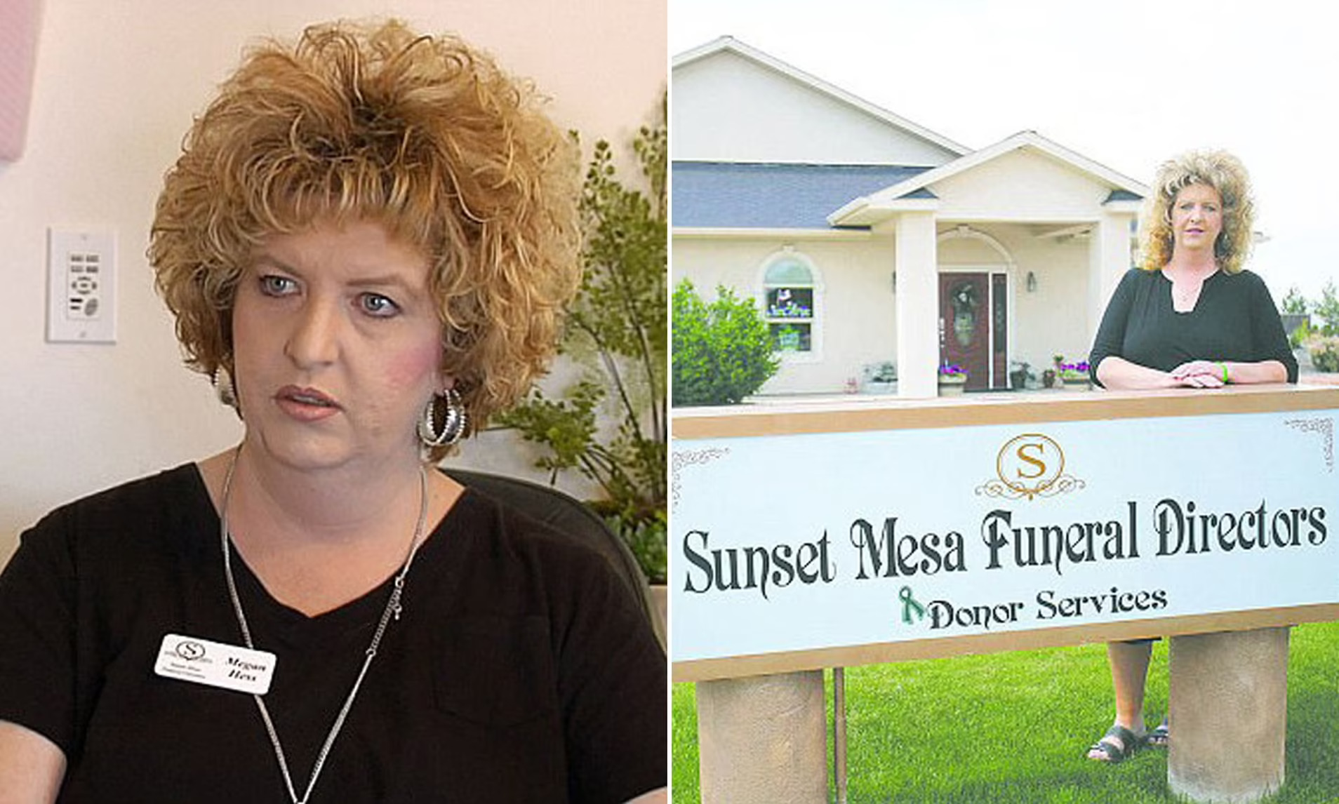 Megan Hess wearing a black top; Megan Hess standing near the Sunset Mesa Funeral Directors board