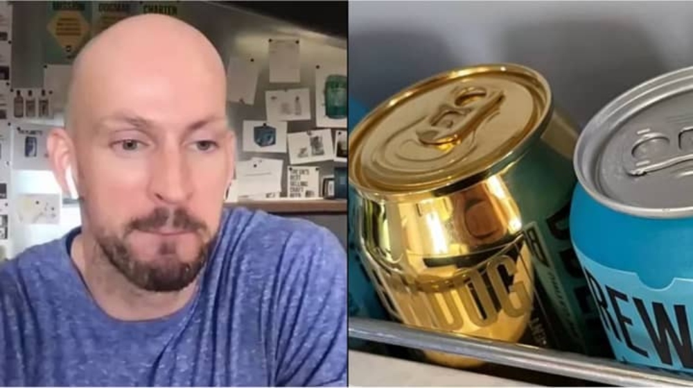 James Watt wearing a blue shirt; Brewdog beer can and gold can in a rack