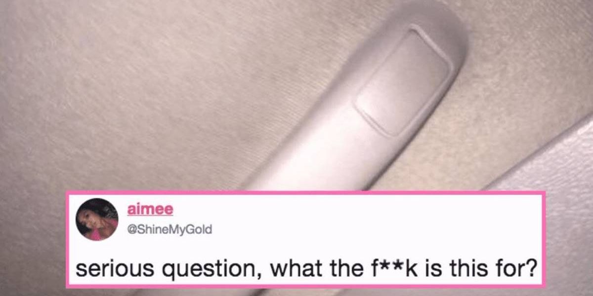 Below is Aimee tweets asking questions and in the background is a car's ceiling handle