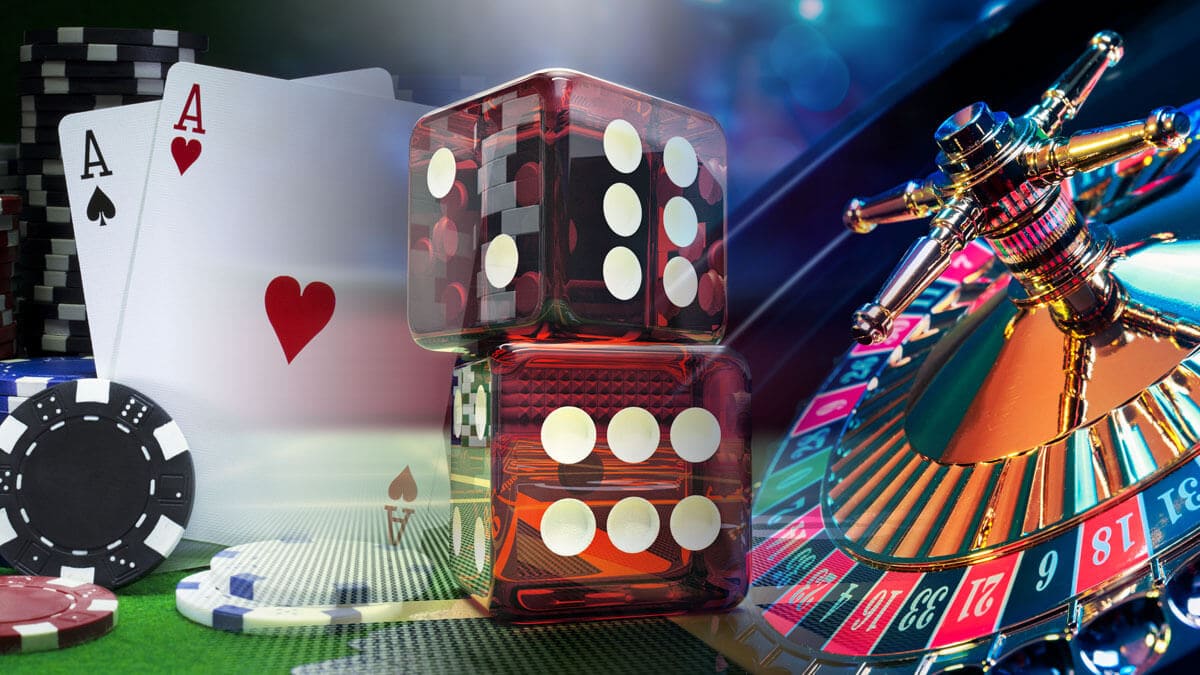 Cards, casino coins, dice, and roulette background