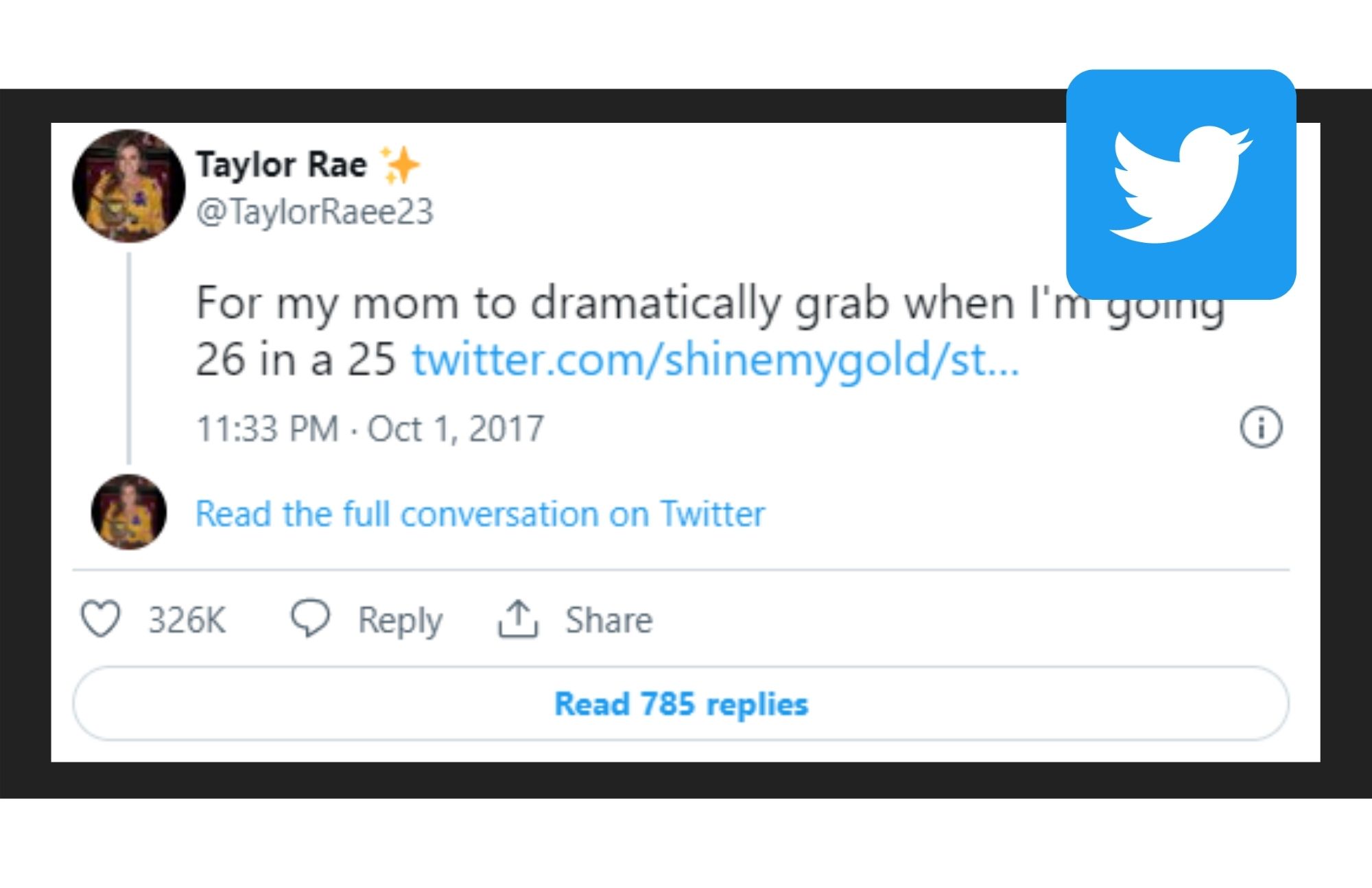 Taylor Rae posts and twitter logo on the upper right corner