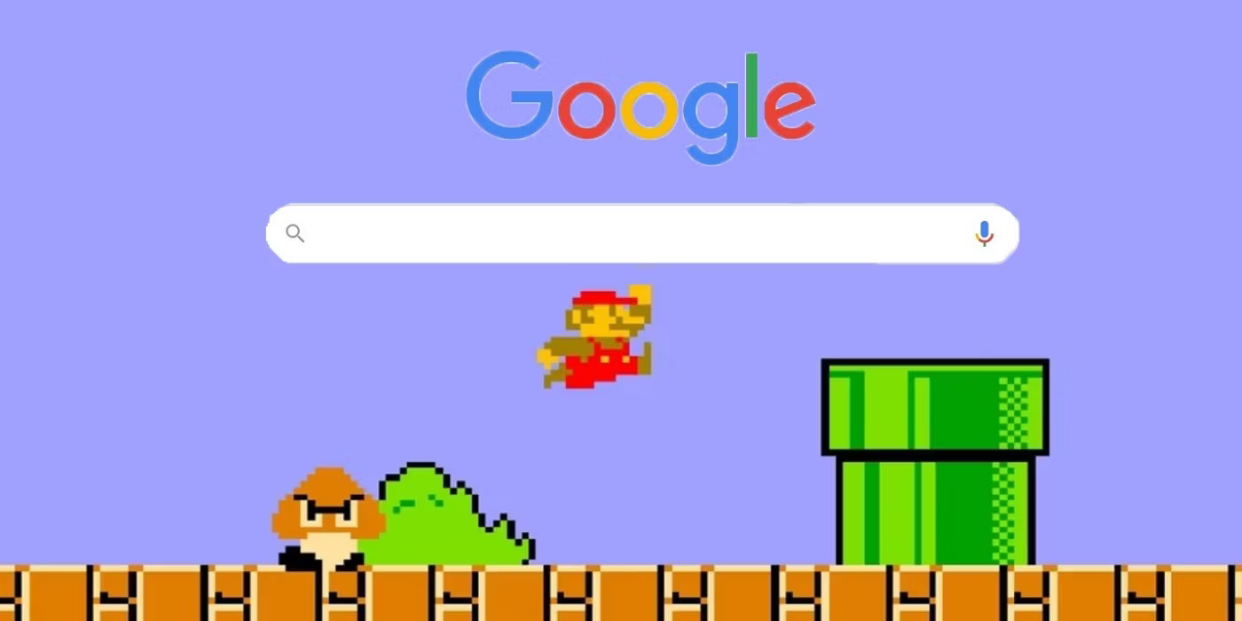 Mario character jumping on the backgrond of Google Search