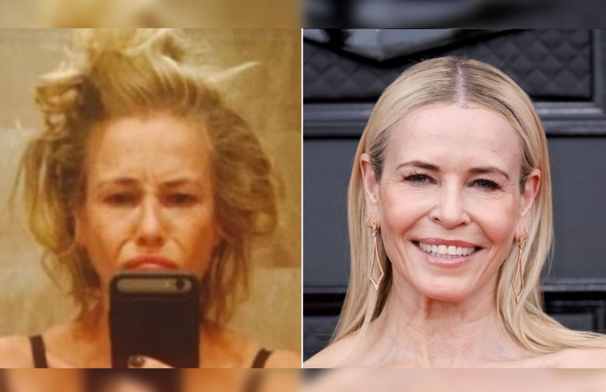On the left, Chelsea Handler is taking a selfie without makeup, and on the right, she is wearing full makeup