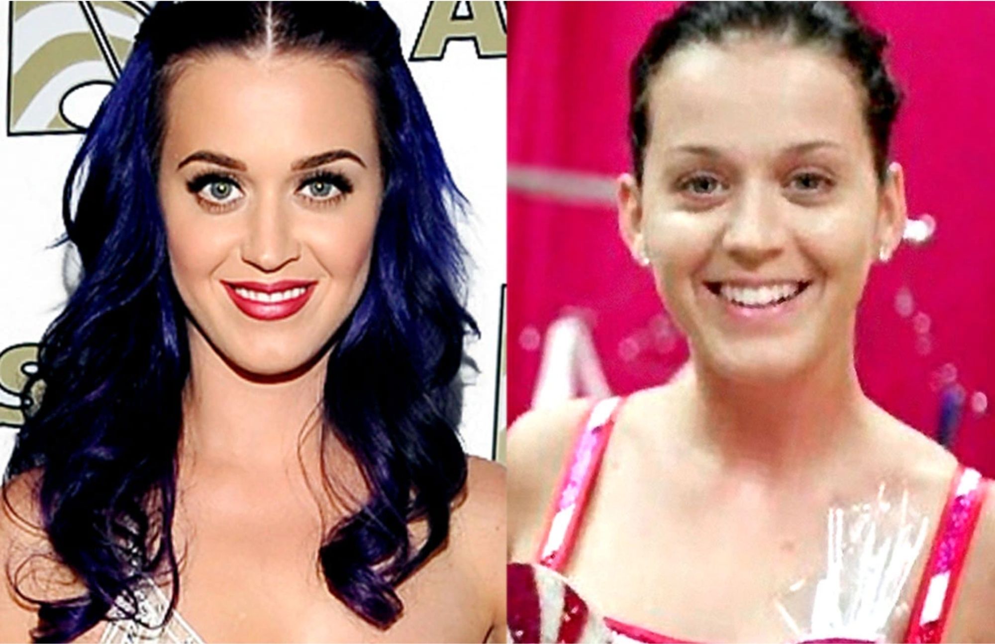 Katy Perry wearing red lipstick and a blue hair extension, and Katy Perry without makeup