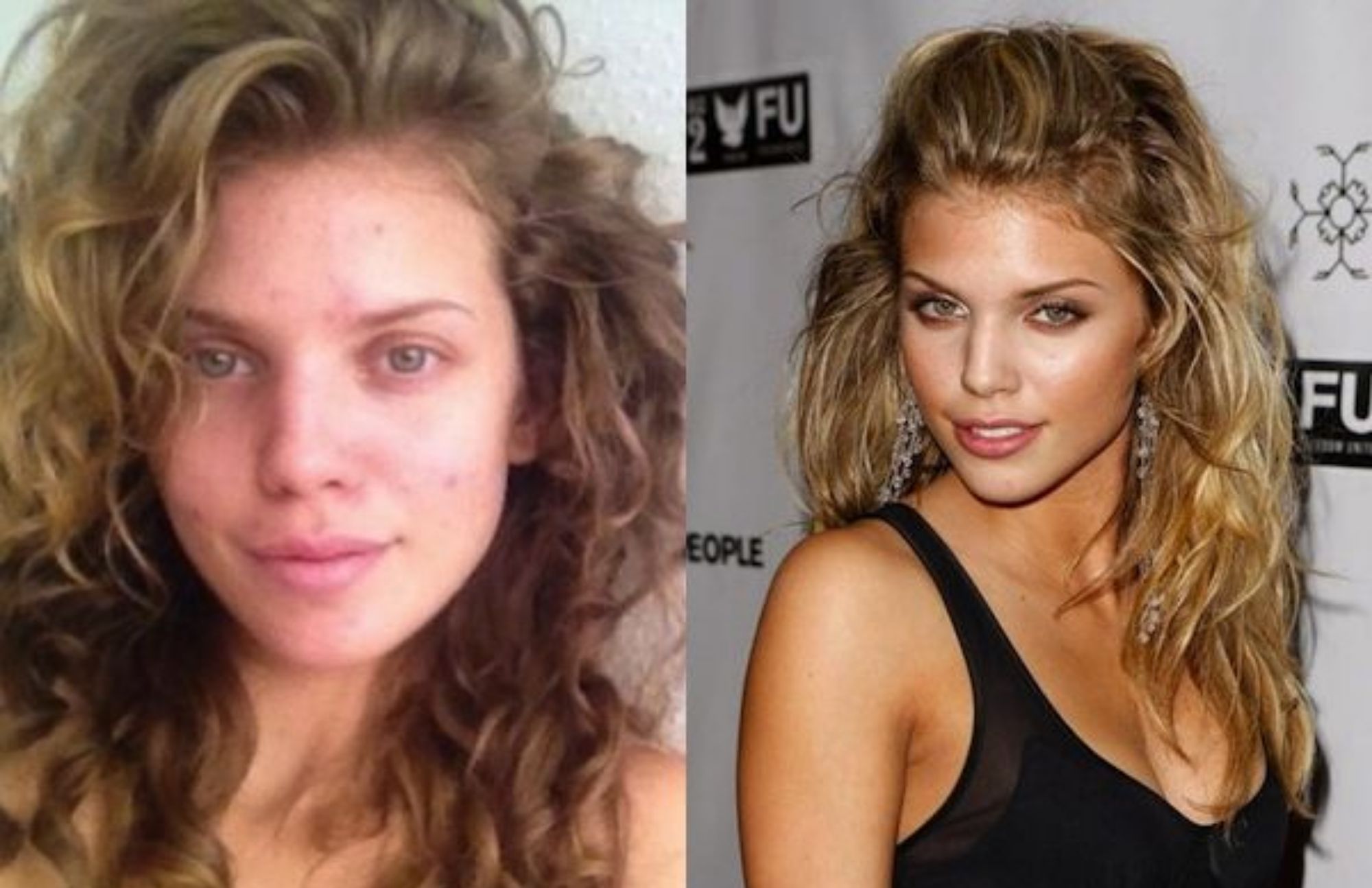 AnnaLynne McCord is shown without makeup on the left, with strands of gold wavy hair, and with makeup on the right