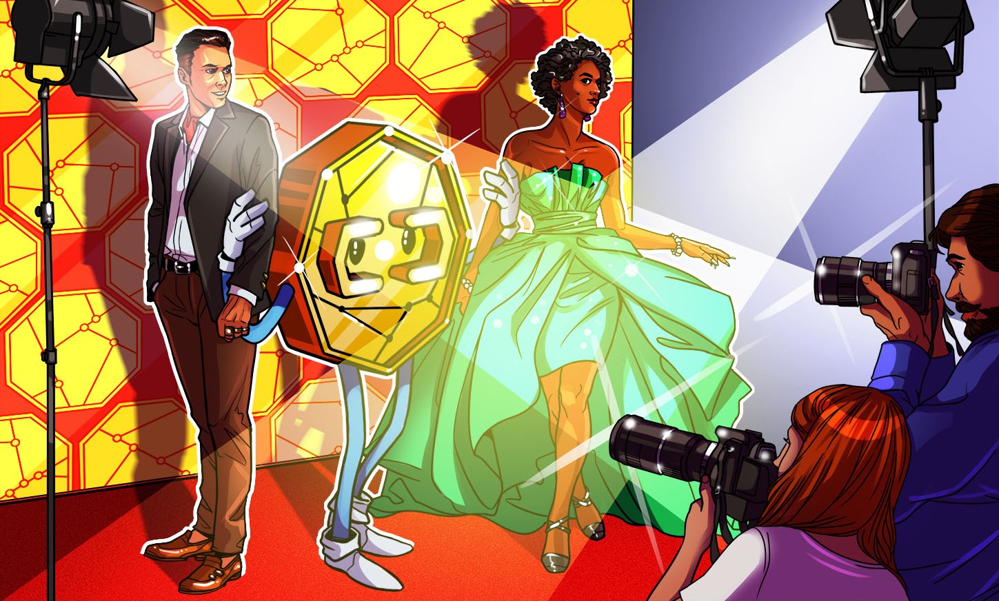 An animated character of a male and female celebs with a crypto icon in the middle