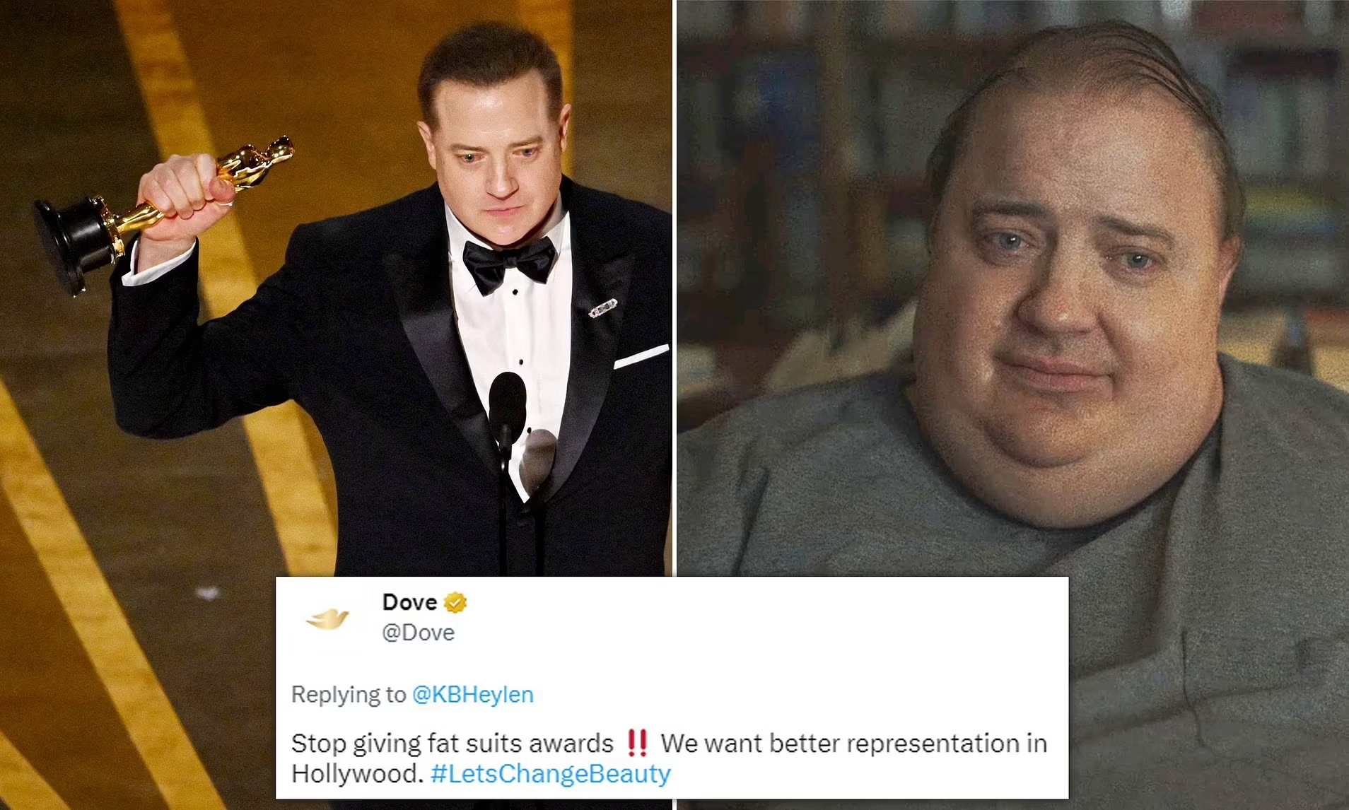 Brendan Fraser holding an Oscar beside his The Whale character and Dove's Tweet